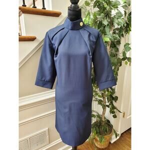 Dioni Women Blue Solid Cotton Mock Neck 3/4 Sleeve Knee Length Sheath Dress XL